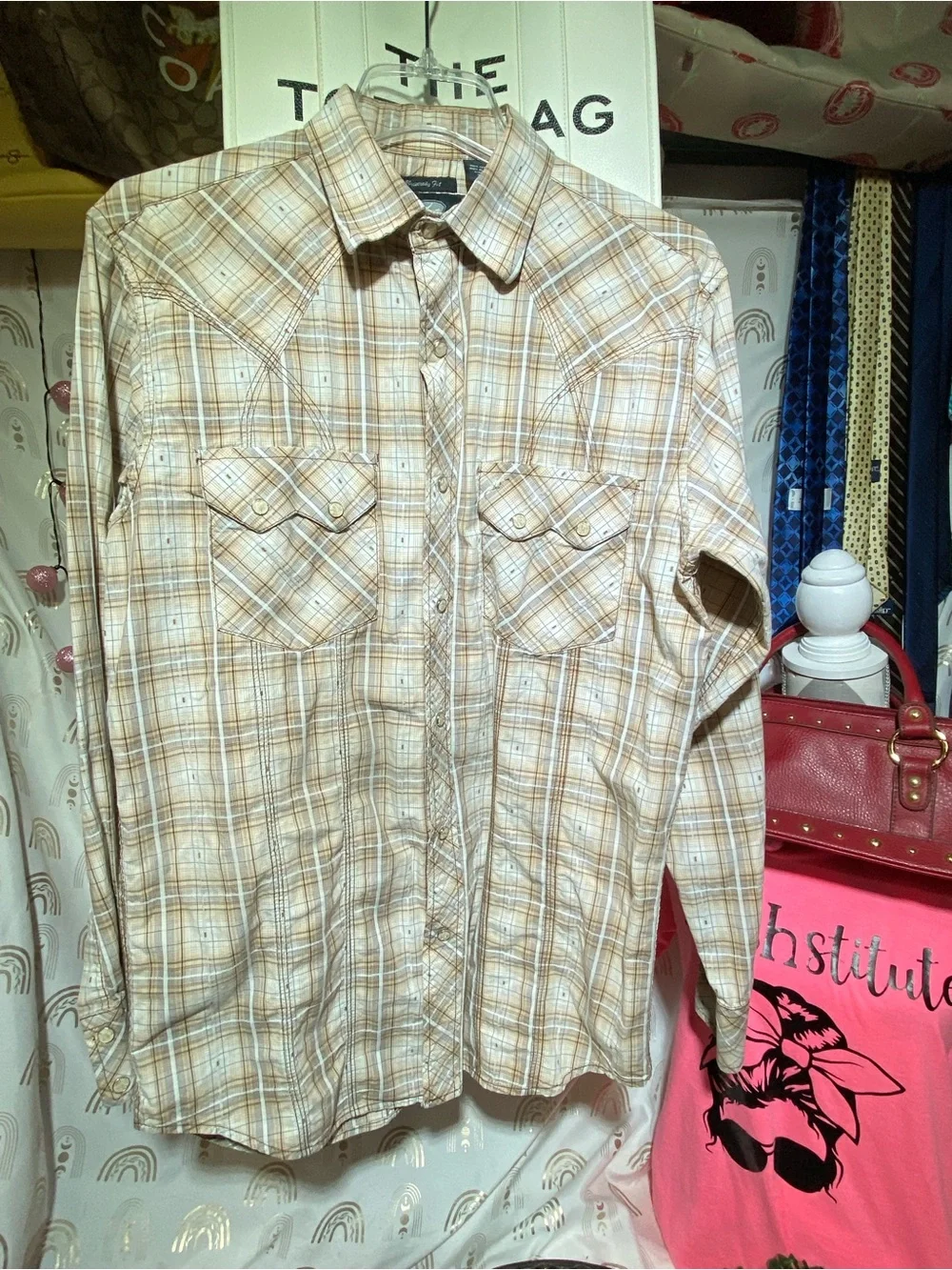 Men's Beige Plaid Long-Sleeve Button-Down Shirt